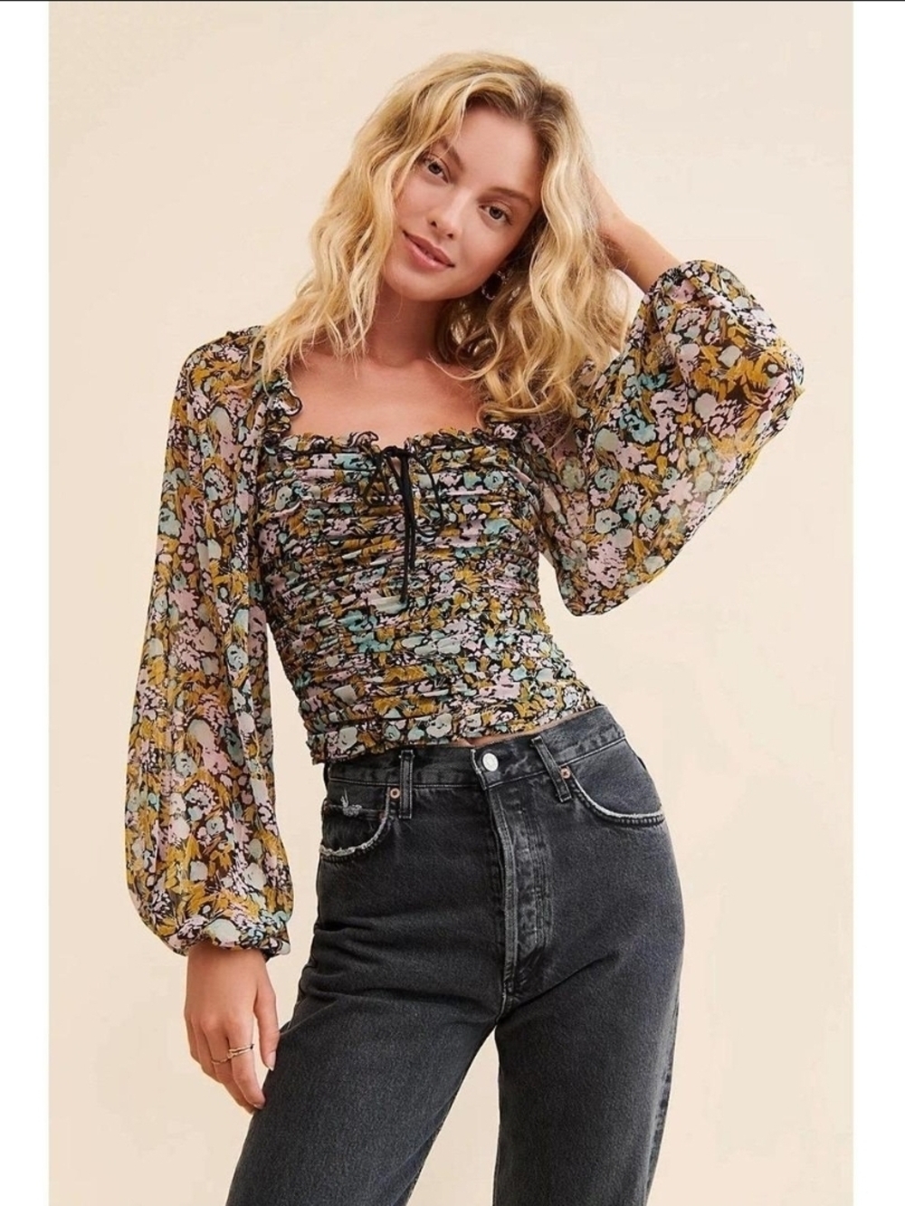 Free People Mustard Floral Smocked Ruched Bodice Blouse